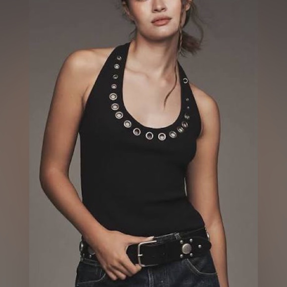 Pilcro Scoop Neck Grommet Halter Top Anthropologie Size Large Black NWT